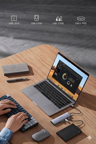 9 U 1 Arada Usb-c Hub 4k 60hz Hdmı Vga 3x Usb 3.0 Rj45 Sd Tf Kart Okuyucu 100w Pd