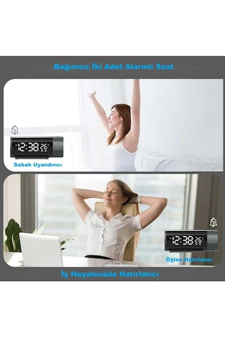 Modern Projeksiyonlu Silindir Led Çalar Saat Dijital Ekran, Usb, Sıcaklık & Çift Alarm Siyah