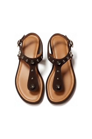 Ne&ve Shoes Kahve Süet Hakiki Deri Taş Ve Trok Detaylı Parmak Arası Arkadan Tokalı Sandalet Kahverengi