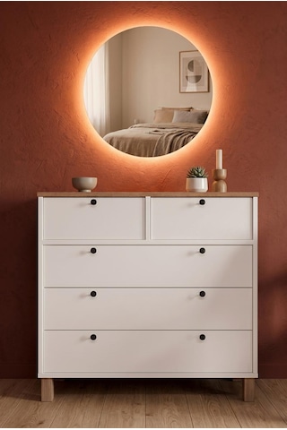 Robin Home Led Aynalı Şifonyer 5 Çekmece Ahşap Ayaklı Sepet-beyaz