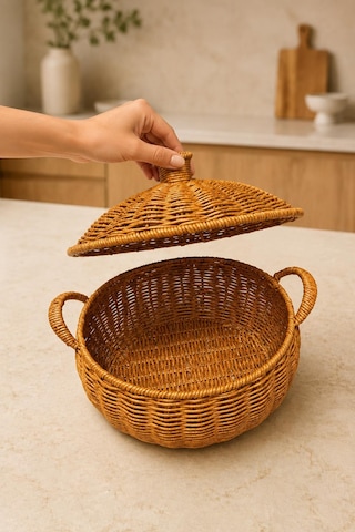 2 Li Kapaklı Rattan Servis Sepeti Seti Kulplu Tencere Ekmeklik Ve Dekoratif Sunum Sepeti Meyvelik