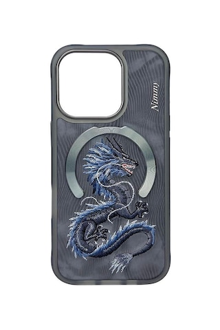 Nımmy İphone 15 Pro Max Uyumlu Magsafe Destekli 3d Gerçek Nakış İşlemeli Mavi Dragon Kılıf