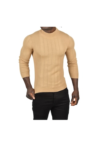 Deepsea Erkek Camel Yarım Balıkçı Yaka Çizgili Tüylenmeyen Slim Fit Triko Kazak 2505491 Camel