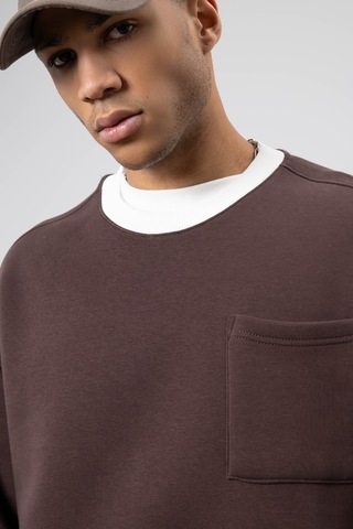 Vamos Bisiklet Yaka Cep Detaylı Oversize Sweatshirt Kahve