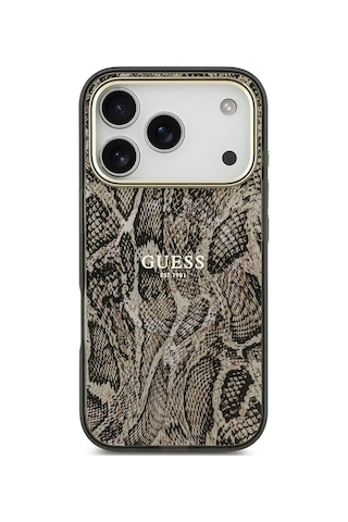Apple Uyumlu iPhone 17 Pro Max  Kılıf Guess Lisanslı M-safeli Yazı Logolu Python Desenli Kapak Kahverengi Kahverengi