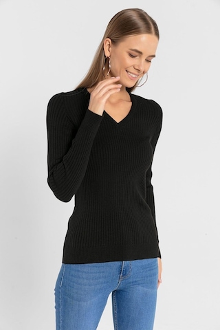 Miss Poem Kadın V Yaka Slim Fit Fitilli Uzun Kışlık Ekru Triko Kazak Siyah