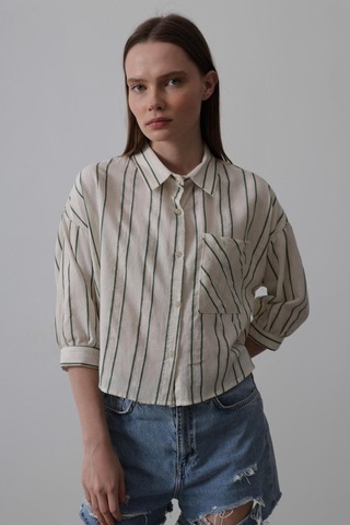 Çizgili Kısa Gömlek - Bej-yeşil Karışık