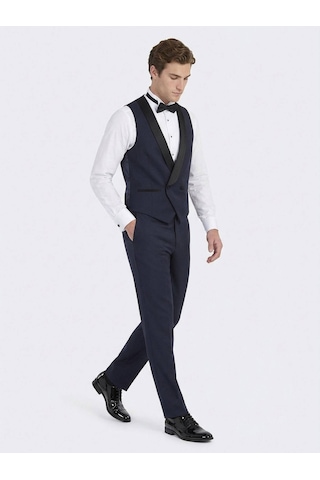 Saks Fitted Fit Şal Yaka Klasik Yelek Saks