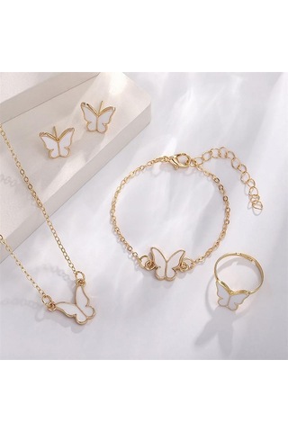 1set Moda Zarif Basit Çok Yönlü Kelebek Kolye Bilezik Küpe Yüzük Kadınlar Kızlar Düğün Partisi Takı Seti Hediye Beyaz