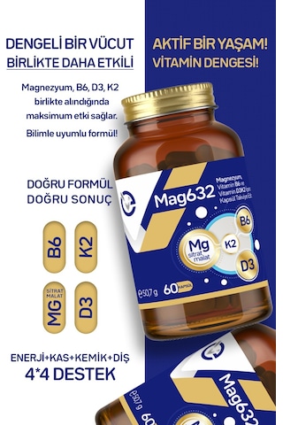 Evopharma Mag632 Magnezyum, Vitamin B6 Ve Vitamin D3k2 İçeren Takviye Edici Gıda