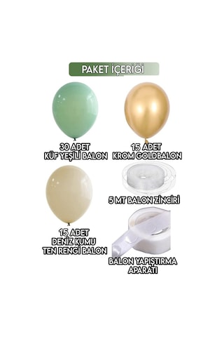 Beysüs 30 Küf Yeşili 15 Krom Gold 15 Deniz Kumu Pastel Ten Rengi Doğum Günü Ve Nişan Balon Zinciri Set