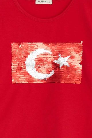 Breeze Kız Çocuk Uzun Kollu Tişört Pullu Ay Yıldız 4-14 Yaş, Kırmızı Kırmızı