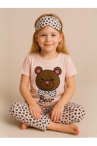 Kız Çocuk Pamuklu Kısa Kol Ayıcık Desenli Pijama Takımı Uyku Bandı Dahil -16055 Pembe