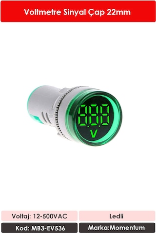 Momentum 22mm Voltmetre Sinyal Lambası 12-500VAC Yeşil MB3-EV536