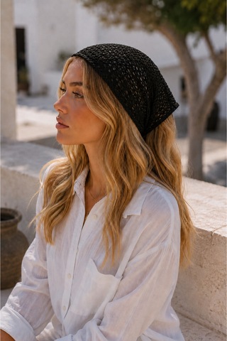 Siyah Fileli Örgü Bandana Kadın Bağlamalı Saç Bandı Hafif Esnek Günlük Bandana Siyah - 884327932 Siyah