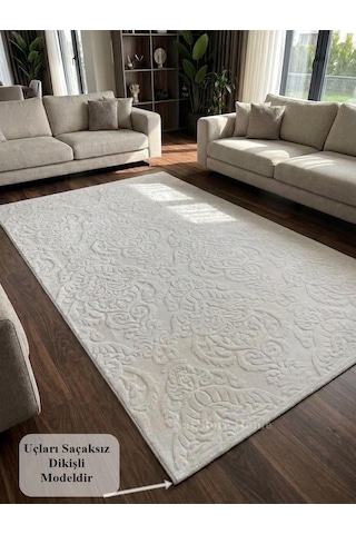 Rölyef Krem Joy Modern Yumuşak Dokulu Kabartmalı Kaymaz Taban Kesme Halı Yolluk