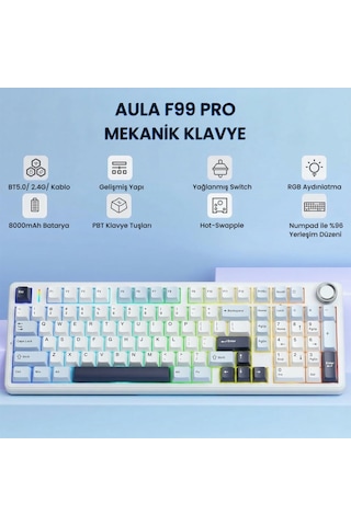 Aula F99 Pro 3 Modlu Rgb Hot Swap Mekanik Star Vector Switch Kablosuz Makrolu Klavye Lacivert