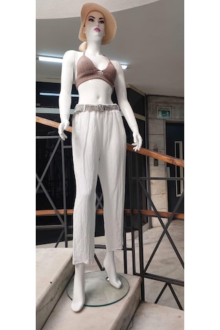 Eren Style İtalyan Kemerli Keten Pantolon-9260 Beyaz