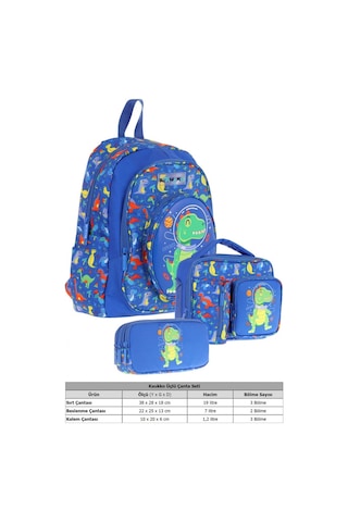 Kaukko Kids Kız Çocuklara Özel Mavi Yeşil - 3d Dinazor Detaylı Üçlü Okul Çantası Seti Mavi - Yeşil