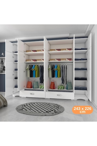 Rani Ba133 Geniş Gardırop Elbise Dolabı 12 Kapaklı 2 Çekmeceli 16 Raflı 2 Askılı Beyaz