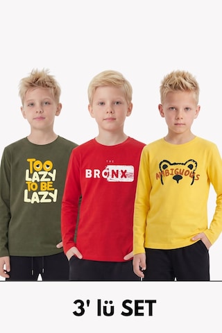 Fyk Kids 3'lü Yuvarlak Yakalı Baskı Detaylı Uzun Kollu Basic 3 Parça Erkek Çocuk Tişört Haki - Siyah - Kırmızı