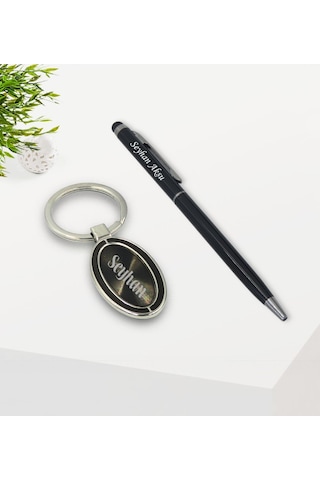 Kişiye Özel Siyah Touchpen Tükenmez Kalem Ve Metal Anahtarlık Hed