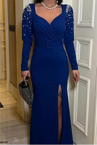 Semel Kadın Yeni Sezon Yaka Taş Detaylı Maxi Abiye Elbise Saks
