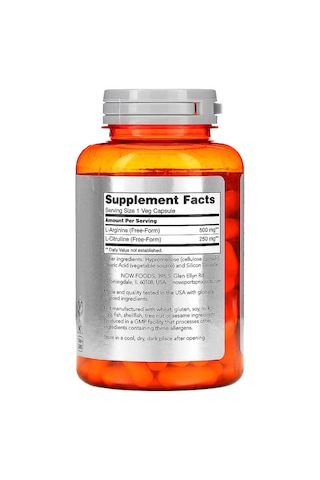Now Sports Nutrition Arginine & Citrulline 500 Mg 250 Mg Amino Acids 120 Veg Caps Aromasız