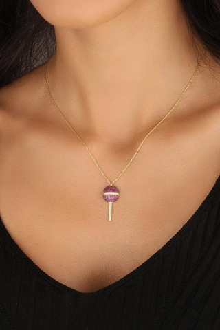 Pembe Taşlı Lolipop Şeker Gümüş Kolyesi Rose Gold