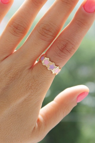 Niki Aksesuar Pembe Lila Mineli Sıralı Yıldız Ayarlanabilir Yüzük Pembe