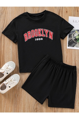 Brooklyn 1898 T-shirt Şort - Siyah Alt Üst Takım Şort Tişört Kombin Baskılı Bisiklet Yaka Siyah