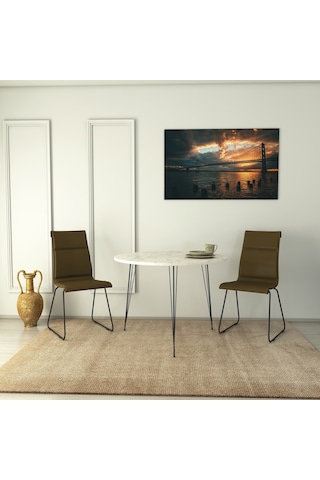 Pasific Home Sandalf Metal Ayaklı Yuvarlak Mutfak Masası Beyaz Mermer