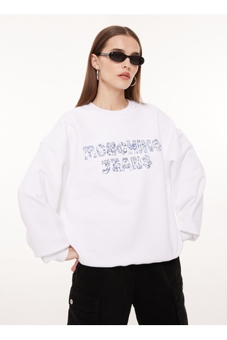 Moschino Jeans Bisiklet Yaka Baskılı Beyaz Kadın Sweatshırt A1703