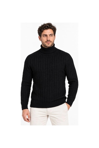 Moda Erkek Balıkçı Yaka Tam Boğazlı Kalın Fitilli Regular Fit Triko Kazak - Siyah Çok Renkli