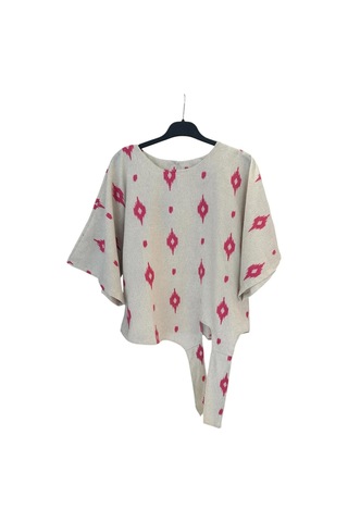 1051 Kısa Kol Önü Bağlamalı Keten Takım Pembe