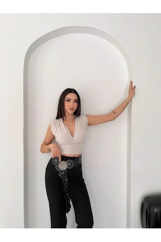 Defymoda Vatkalı Kolsuz V Yaka Drapeli Crop Bluz Likralı Fit - Boyalı Gri