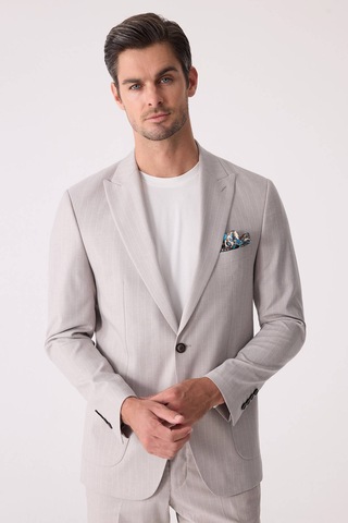 Erkek Bej Slim Fit Çizgili Torba Cep Jogger Pantolonlu Sivri Yaka