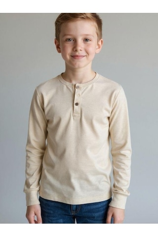 Zekids Erkek Çocuk Düğmeli Pamuklu İnce Uzun Kollu T-shirt-16778 Bej