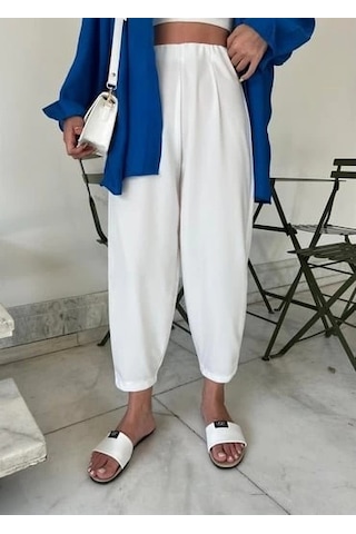 DefyModa Kadın Krep Kumaş Balon Pantolon Beyaz