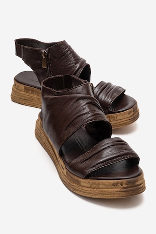Luvishoes Lunas Kahverengi Hakiki Deri Yandan Fermuarlı Kadın Sandalet Kahverengi