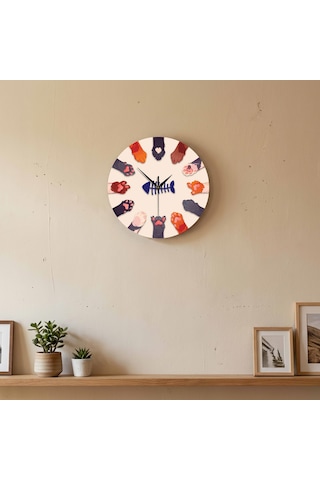 Cajuart Dekoratif Sevimli Kedi Patileri 30 Cm Ahşap Duvar Saati Sessiz Çok Renkli