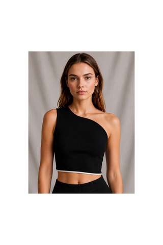 Zykrıon Kadın Beyaz Tek Omuz Asimetrik Crop Bluz Slim Fit Esnek Kumaş Şık Günlük Siyah