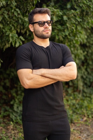 Erkek Siyah Krep Kumaş Rahat Salaş Esnek Bisiklet Yaka T-shirt 23etshtarp 001