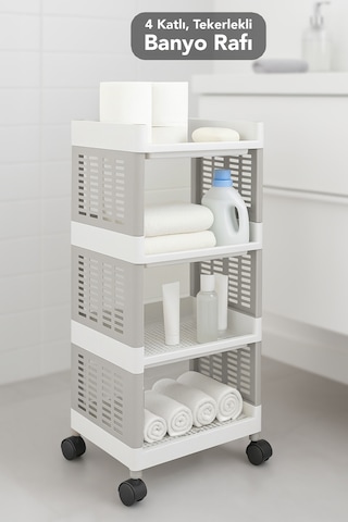 4 Katlı Tekerlekli Banyo Rafı - Havluluk Deterjanlık Makyaj Organizer Düzenleyici Raf Ünitesi Gri Gri
