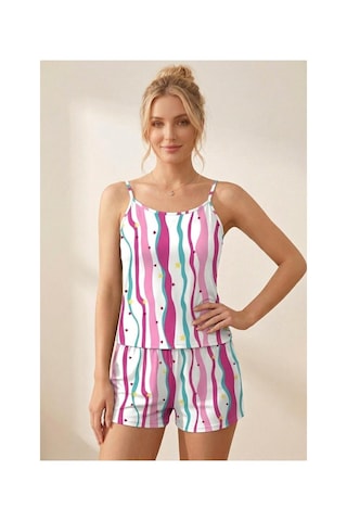 Fit Women Yıldız Ve Kalp Desenli Çizgili İp Askılı Şortlu Pijama Takımı 4612 -çok Renkli Çok Renkli