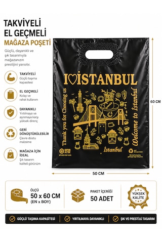Takviyeli El Geçme İstanbul Tasarımlı Poşet 50x60-mağaza Poşeti-50adet