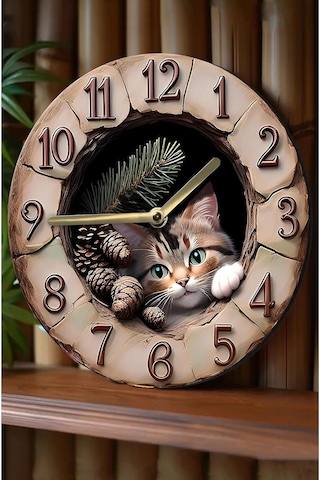Kututr Patili Dostlarınız İçin Patili Saat Kedi Temalı Doğal Duvar Saati Sdw007