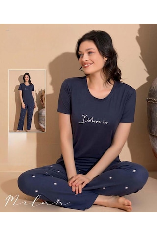 Boyraz Slim Fit Dar Kesim Kadın Milan Bisiklet Yaka Kısa Kol Pijama Takımı 11005f - 1 Adet Füme