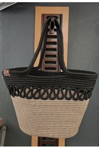 Doğal Hasır Jüt El Örmesi Günlük Kullanım Ve Plaj İçin Uygun Bayan Çanta-bej Siyah Trikotlu Bej - Siyah