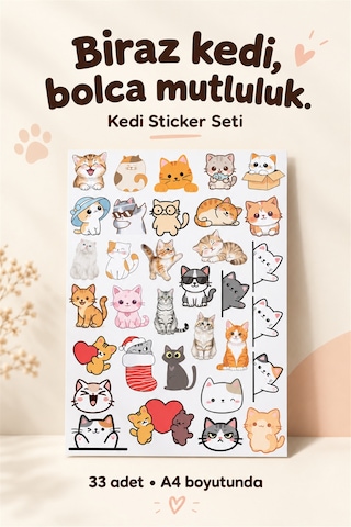 Kedi Sticker Seti 33 Adet Sevimli Kedi Çıkartmaları Defter, Laptop, Ajanda Çok Renkli